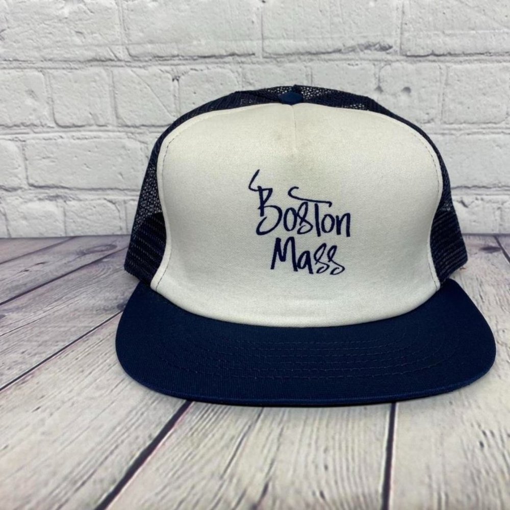 Vintage Boston Mass SWINGSTER Made in USA Trucker Hat Cap Mesh Snapback Navy
